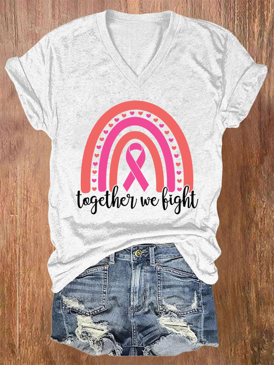 Together We Fight Rainbow Pink Ribbon V-neck T-shirt