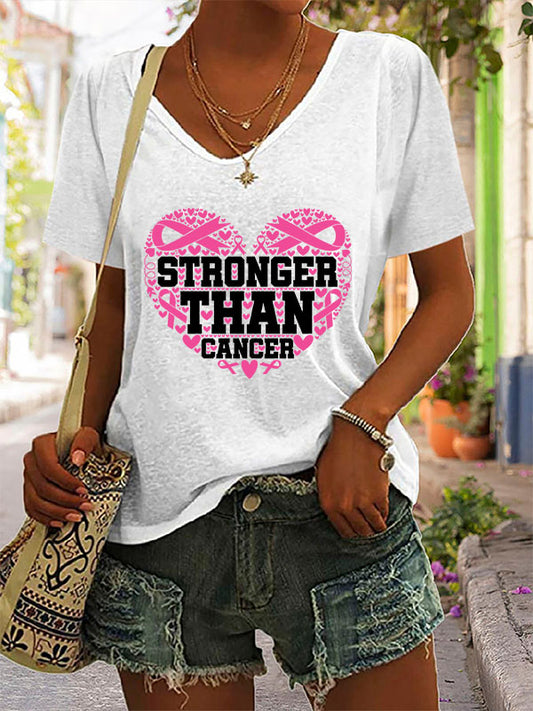 Stronger Than Cancer Pink Ribbon V-neck Short Sleeve T-shirt