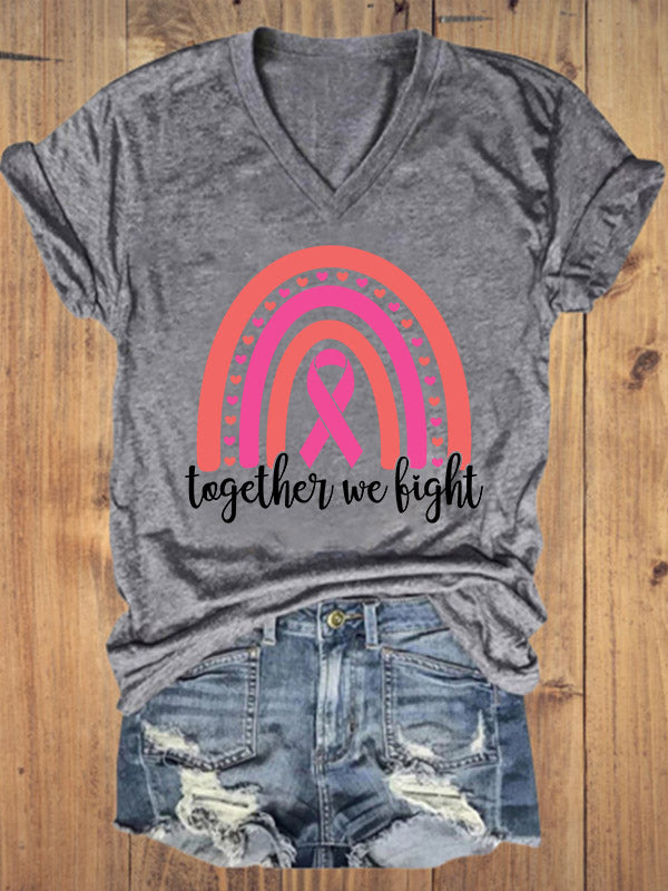 Together We Fight Rainbow Pink Ribbon V-neck T-shirt
