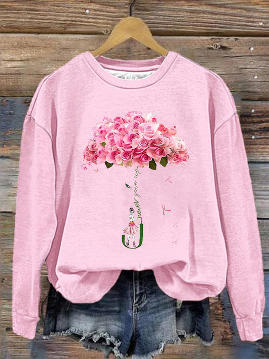 Never Give Up Fight Pink Flower Ribbon Graphic Cozy Sweatshirt