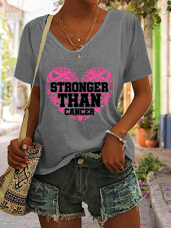 Stronger Than Cancer Pink Ribbon V-neck Short Sleeve T-shirt