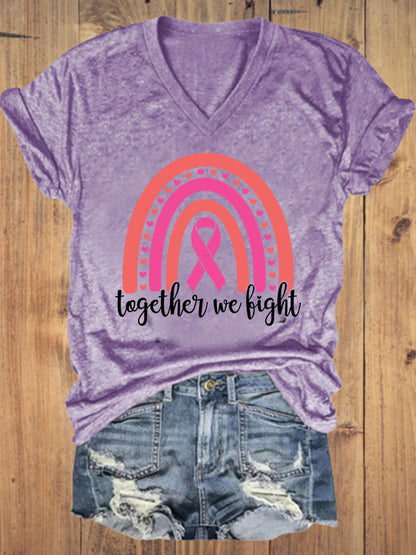 Together We Fight Rainbow Pink Ribbon V-neck T-shirt
