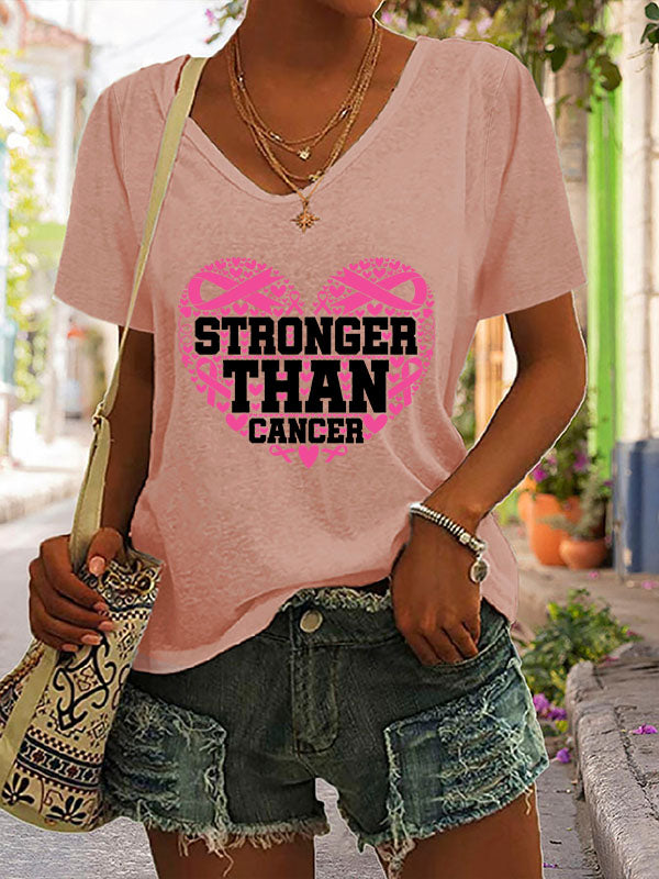 Stronger Than Cancer Pink Ribbon V-neck Short Sleeve T-shirt
