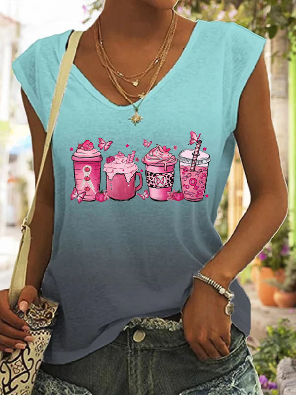 In October We Wear Pink Coffee Cups Gradient Cap Sleeve T-Shirt