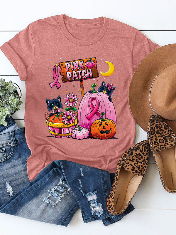Pink Patch Graphic Pink Ribbon Round Neck T-shirt