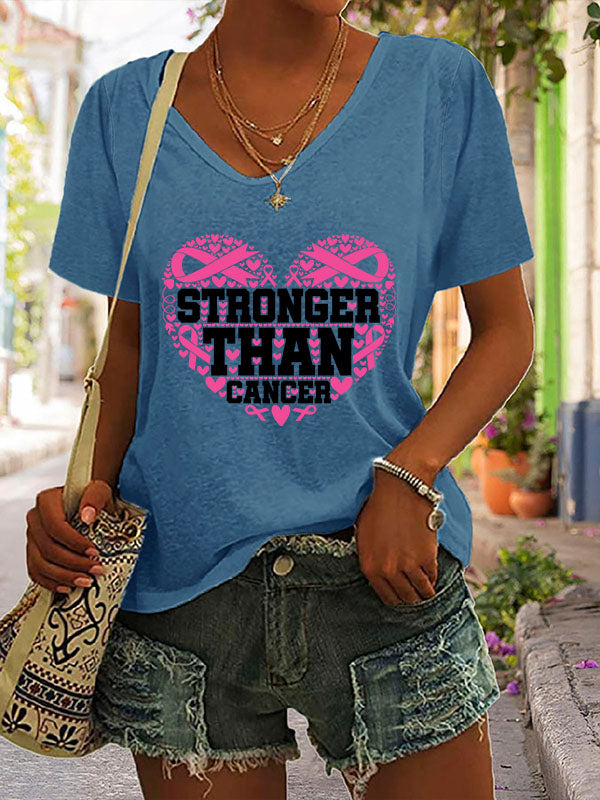 Stronger Than Cancer Pink Ribbon V-neck Short Sleeve T-shirt