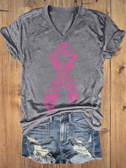 Pink Ribbon Breast Cancer Awareness V-neck T-shirt