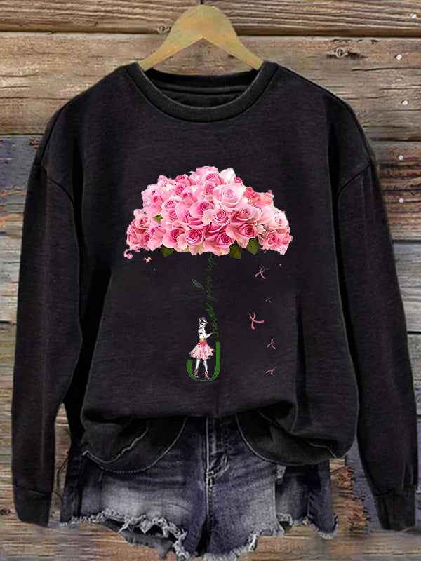 Never Give Up Fight Pink Flower Ribbon Graphic Cozy Sweatshirt