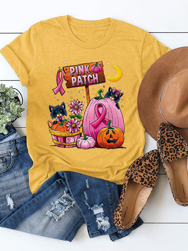 Pink Patch Graphic Pink Ribbon Round Neck T-shirt