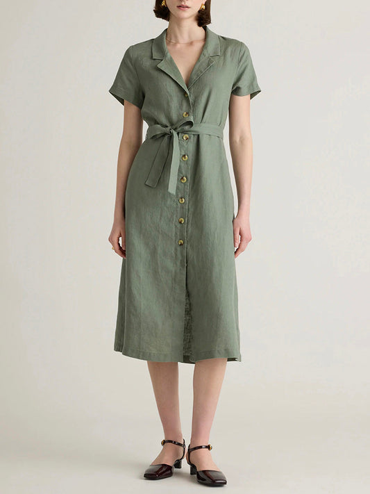 Button Front Belt Midi Linen Dress
