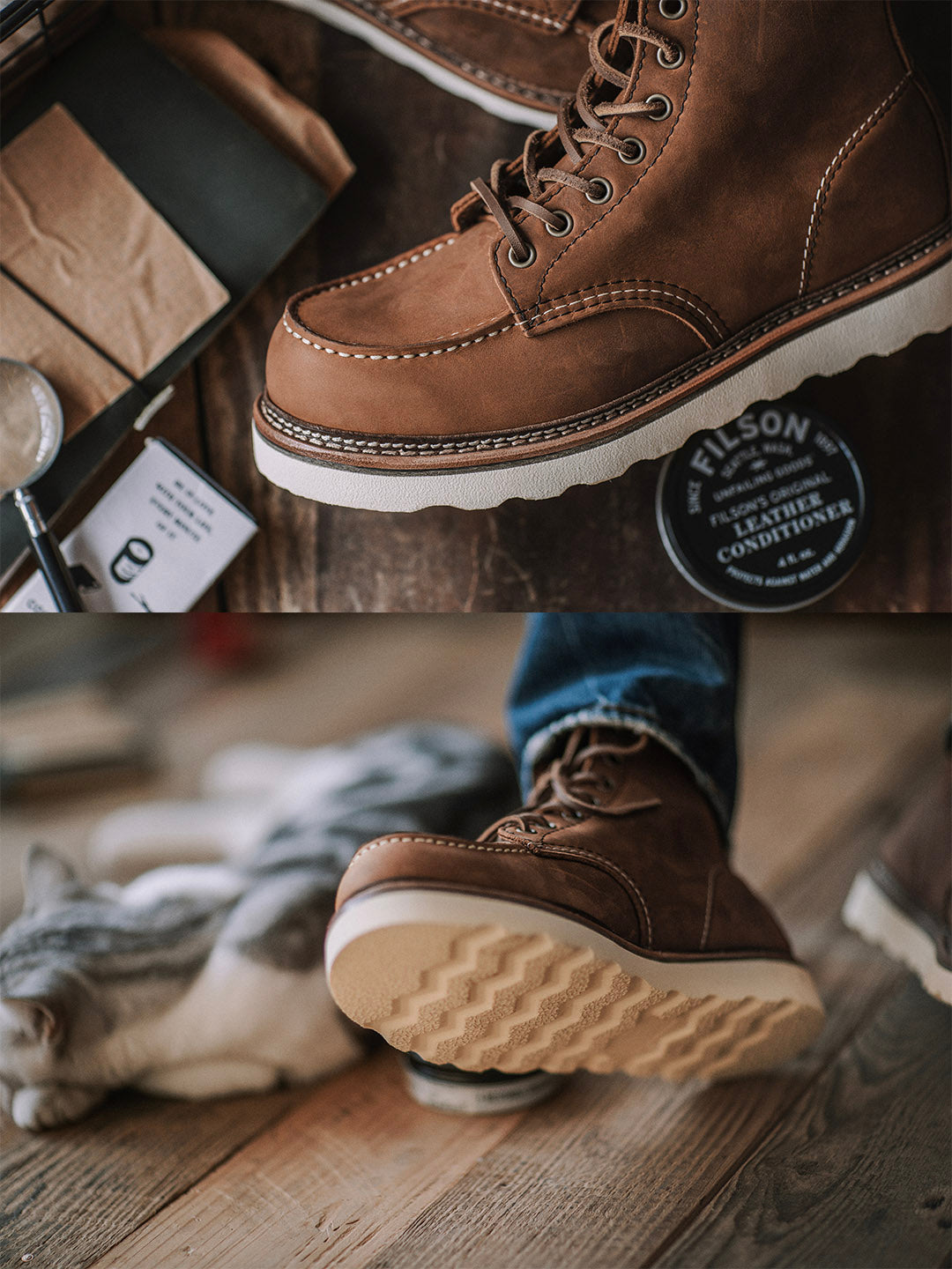 Vintage Full-Grain Leather Moc Toe Work Boots for Men