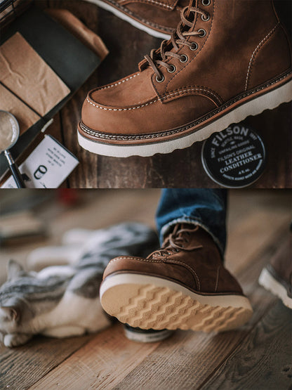 Vintage Full-Grain Leather Moc Toe Work Boots for Men