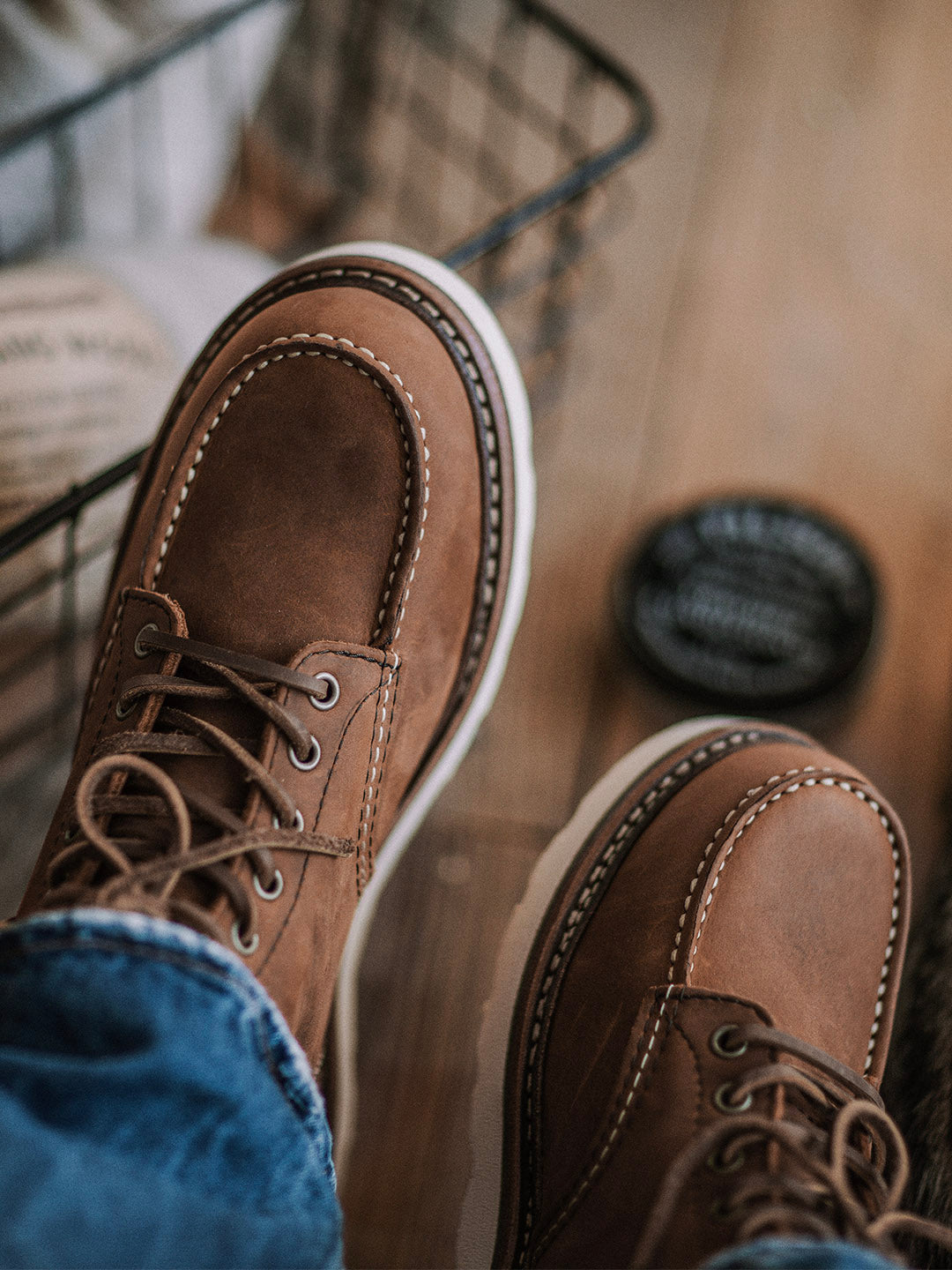 Vintage Full-Grain Leather Moc Toe Work Boots for Men