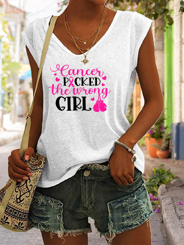 Cancer Picked The Wrong Girl Print V-Neck T-Shirt