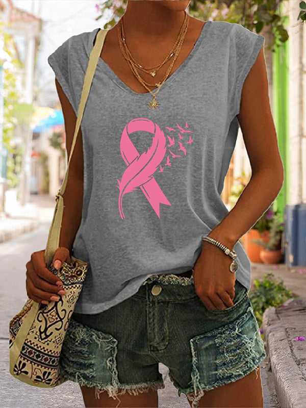 Feather Pink Ribbon Graphic V-Neck T-Shirt