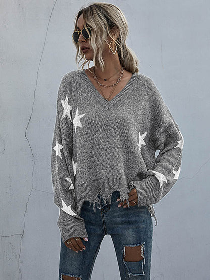 Star V-neck Fringe Knitted Sweater