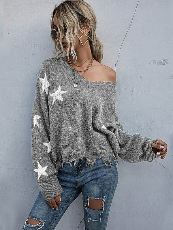 Star V-neck Fringe Knitted Sweater