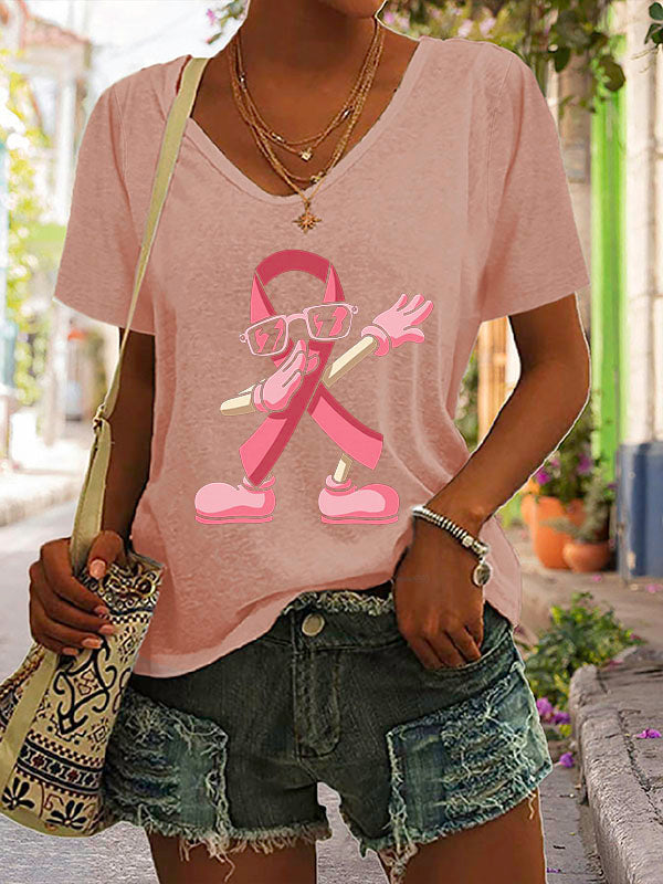 Pink Ribbon V-Neck Short Sleeve T-shirt