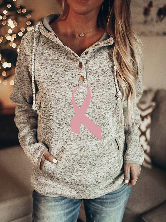 Pink Ribbon Graphic Copper Button Hoodie