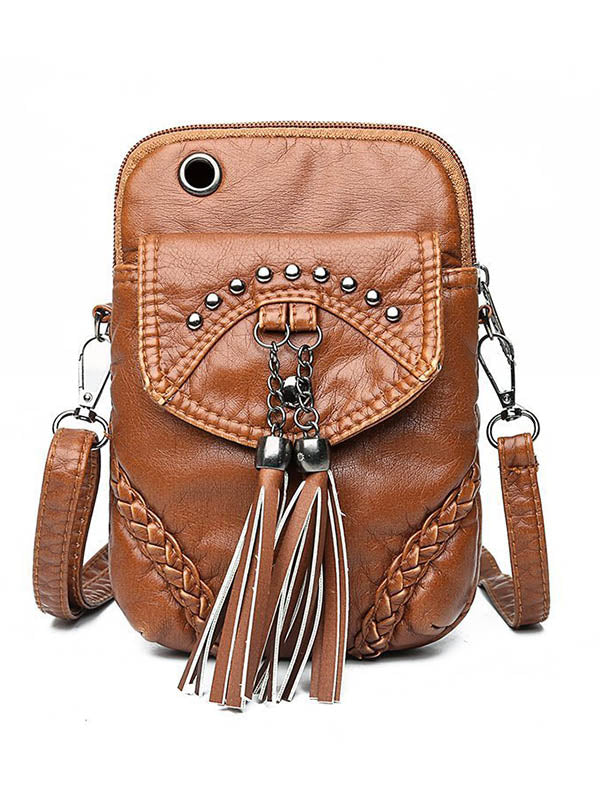 Vintage Rivet Washed Tassel Leather Crossbody Bag