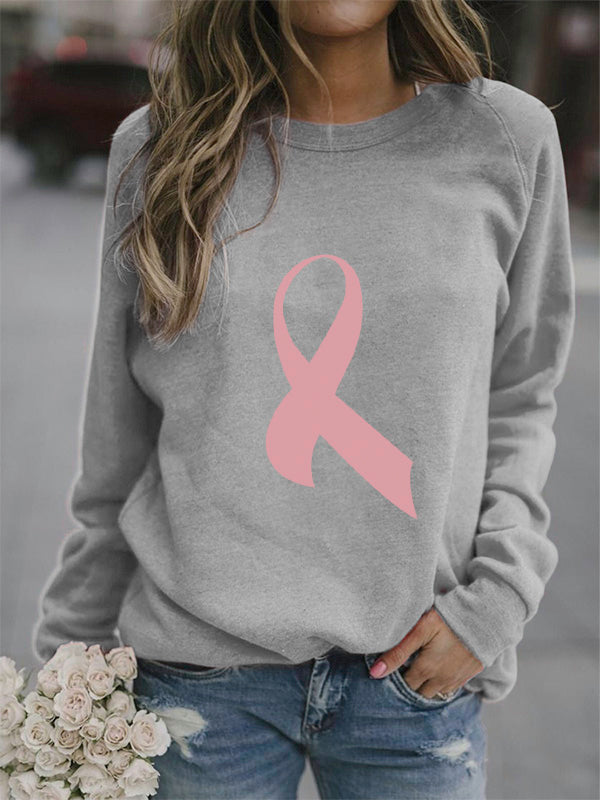 Pink Ribbon Print Crew Neck Sweatshirt