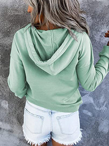 Loose Casual Button Collar Drawstring Pocket Hoodie
