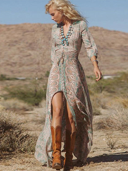 Fringed Chiffon Printed Long Dress