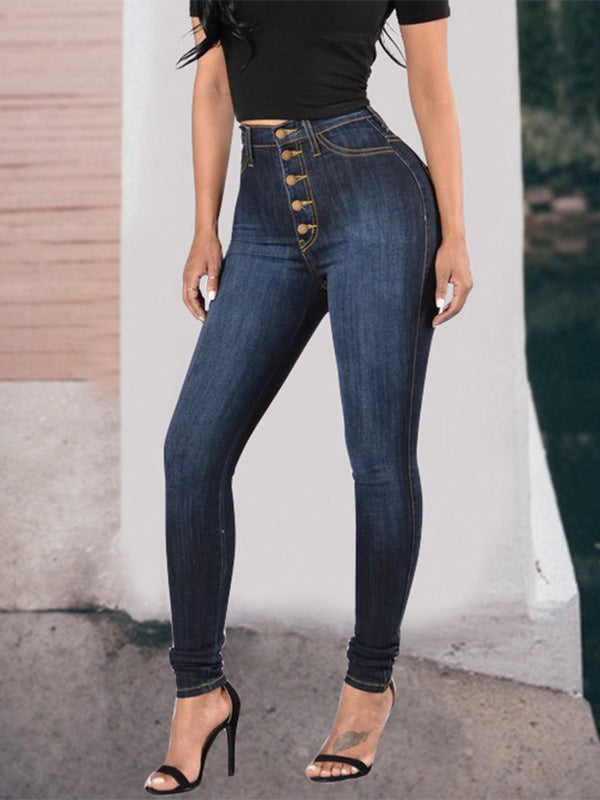 High Rise Exposed Buttons Slim Jeans
