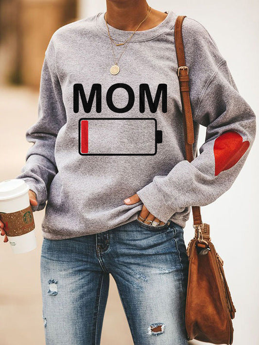 Mom Battery Low Heart Print Cozy Sweatshirt