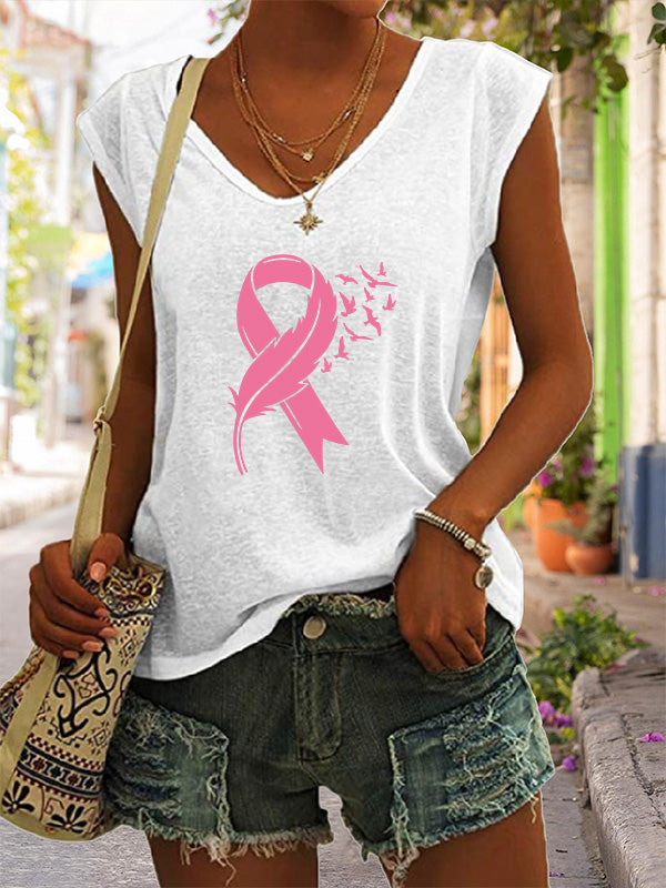 Feather Pink Ribbon Graphic V-Neck T-Shirt