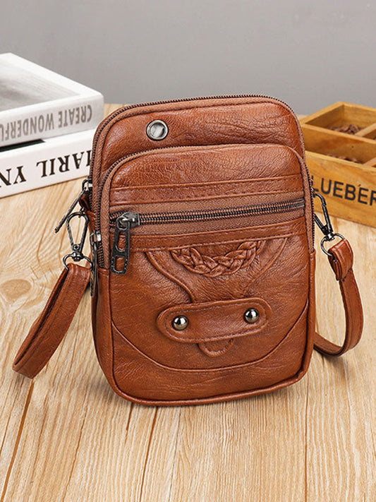 Vintage Studded Washed Leather Crossbody Bag