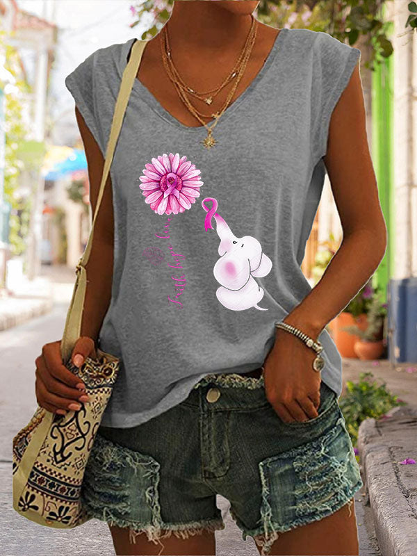 Faith Hope Love Pink Ribbon Elephant Graphic V-Neck T-Shirt