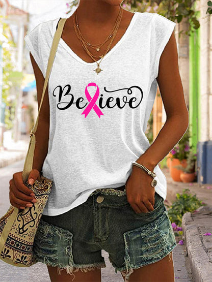 Believe Pink Ribbon Graphic V-Neck T-Shirt