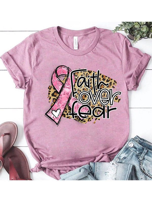 Faith Over Fear Pink Ribbon Womens Crew Neck T-shirt