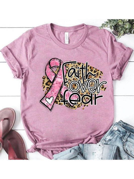 Faith Over Fear Pink Ribbon Womens Crew Neck T-shirt