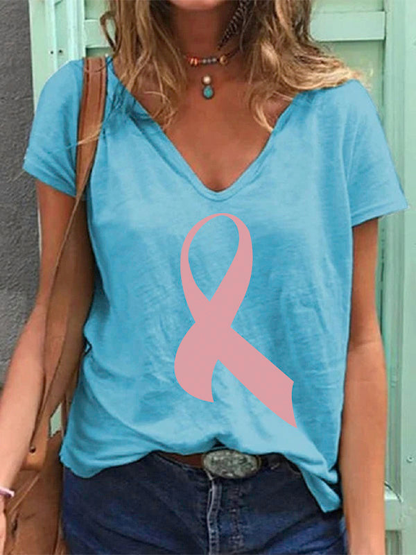 Pink Ribbon Print V-neck T-shirt
