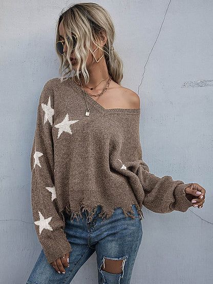 Star V-neck Fringe Knitted Sweater