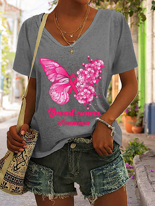 Pink Ribbon Butterfly Breast Cancer Awareness V-neck Short Sleeve T-shirt