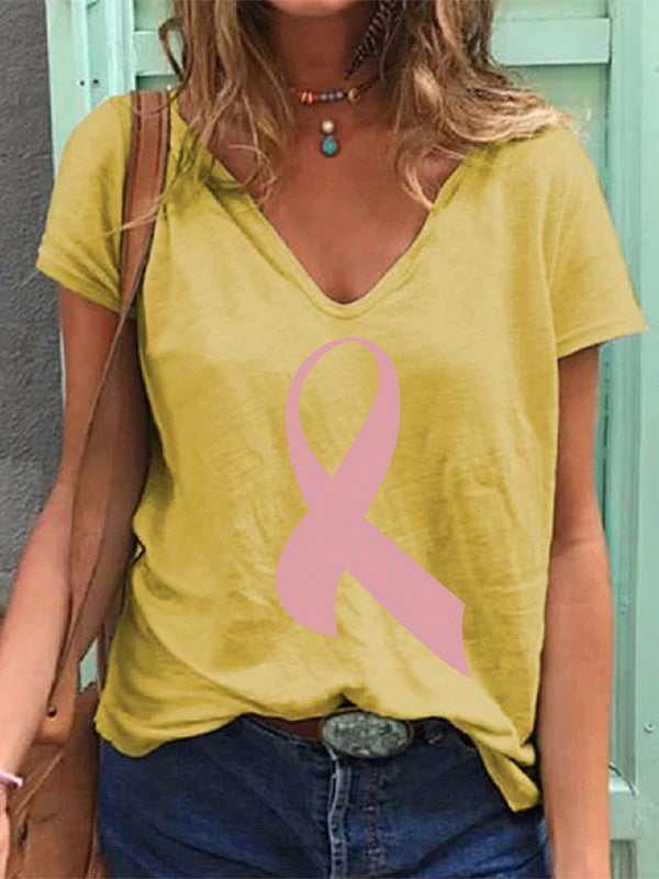 Pink Ribbon Print V-neck T-shirt