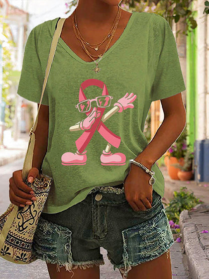Pink Ribbon V-Neck Short Sleeve T-shirt