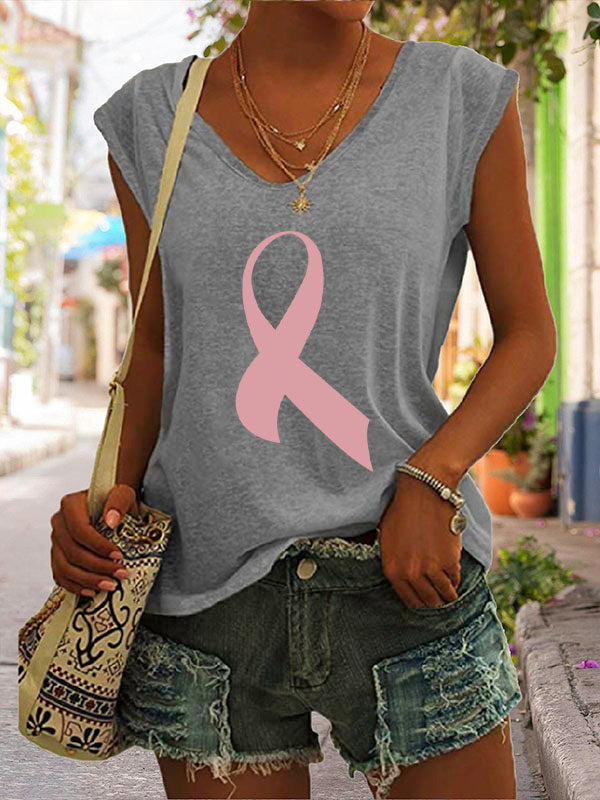 Pink Ribbon Print Cap Sleeve T-Shirt