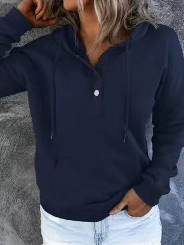 Loose Casual Button Collar Drawstring Pocket Hoodie
