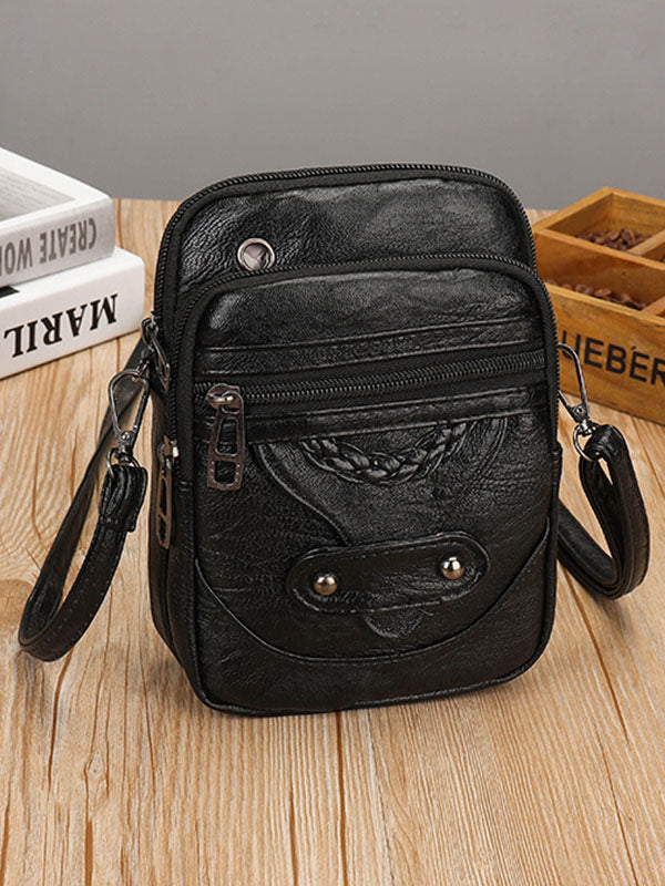 Vintage Studded Washed Leather Crossbody Bag