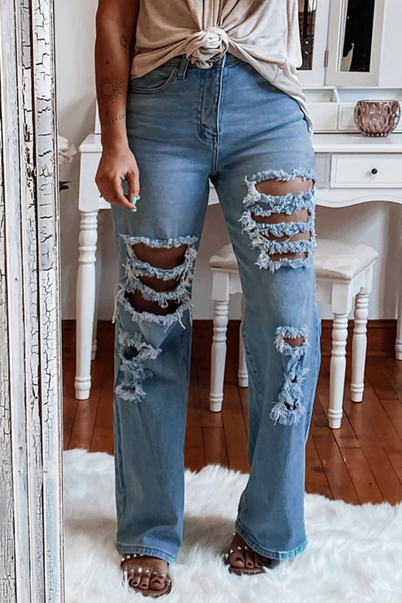 High Rise Ripped Straight Jeans