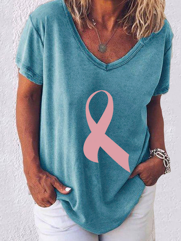 Pink Ribbon Print V-neck Short Sleeve T-shirt