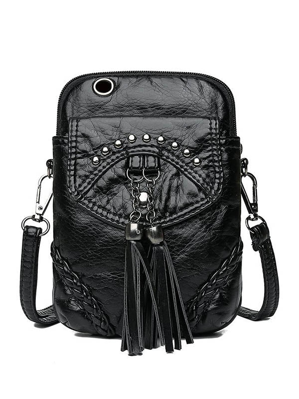 Vintage Rivet Washed Tassel Leather Crossbody Bag