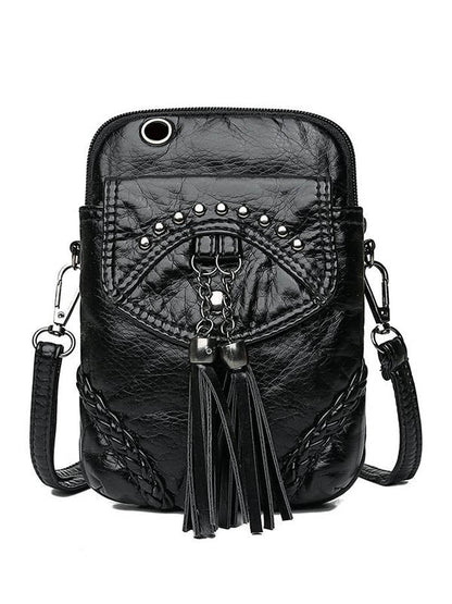 Vintage Rivet Washed Tassel Leather Crossbody Bag