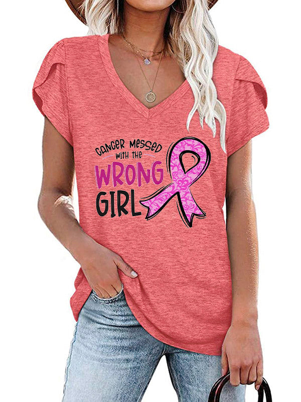 Cancer Messed With The Wrong Girl Pink Ribbon V-Neck T-shirt