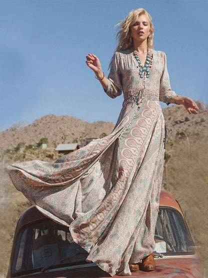 Fringed Chiffon Printed Long Dress