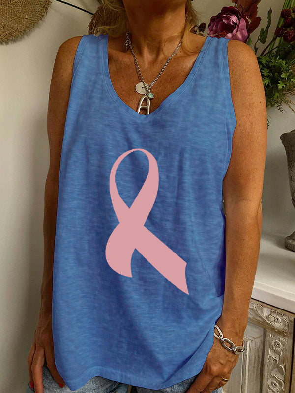 Pink Ribbon Print V-neck Loose Tank